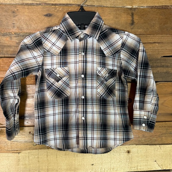 Boy's Ely Cattleman Long Sleeve Brown and Black‎ Plaid Western Snap Shirt size 4 - Picture 1 of 3